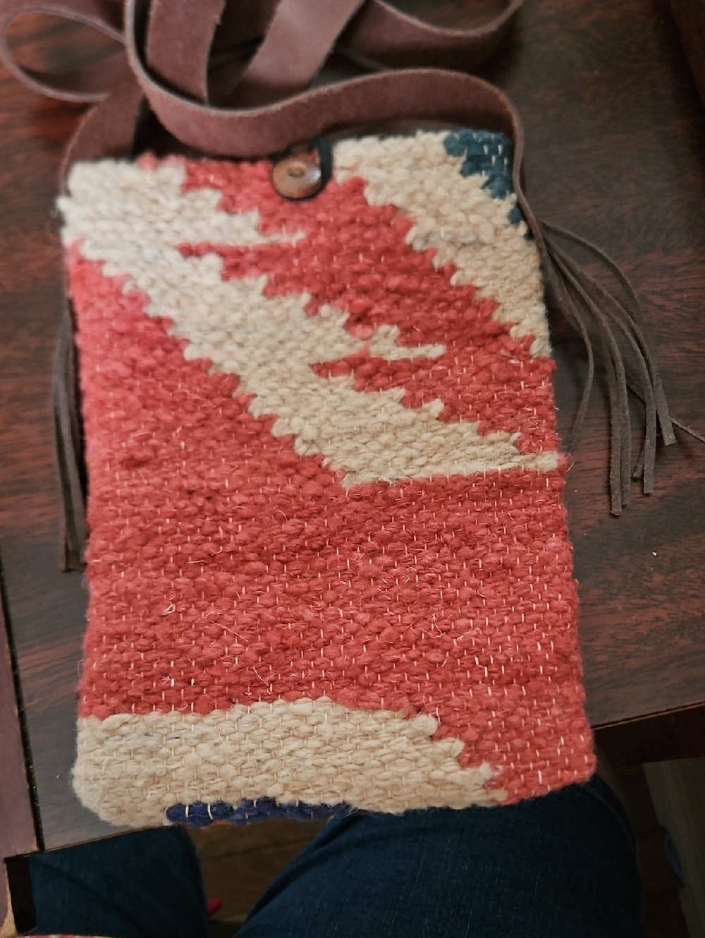 Handwoven Coral & Cream Crossbody Bag - Boho Woven Design